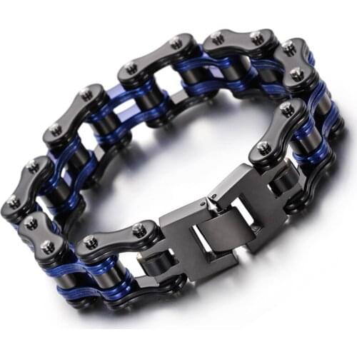 Black clasp Black blue Motorcycle Chain Stainless Steel Biker Bracelet Mens Holiday Gifts 8.66