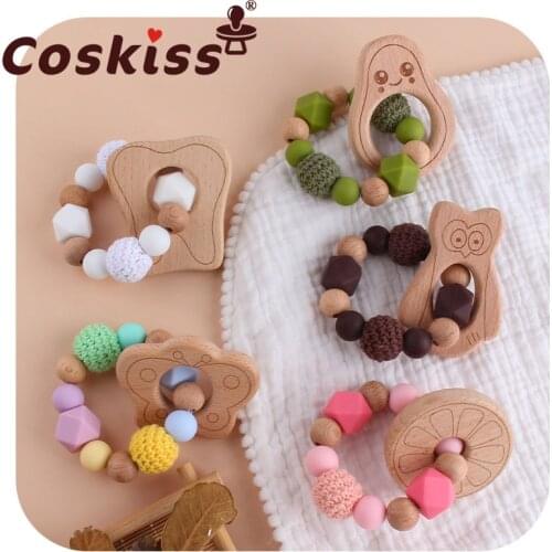 Coskiss 1pcs Baby Teether Bracelet Cute Wooden Baby Beech Toy No BPA Solid Color Infant Baby Bracelet Teething Gifts