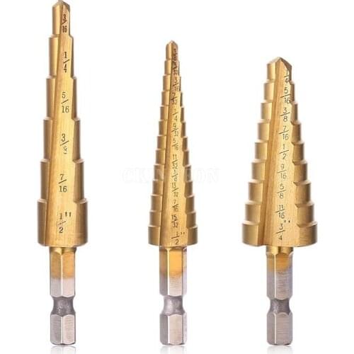 DHL 50Set 3PCS/Pack 1/8'' - 3/4'' 28 Sizes Imperial Hex Shank HSS Titanium Coated Step Drill Bit Set