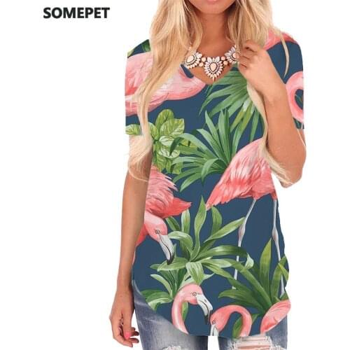 SOMEPET Flamingo T Shirt Women Animal Shirt Print Leaves Tshirts Printed Painting V-neck Tshirt Womens Clothing Summer Printed