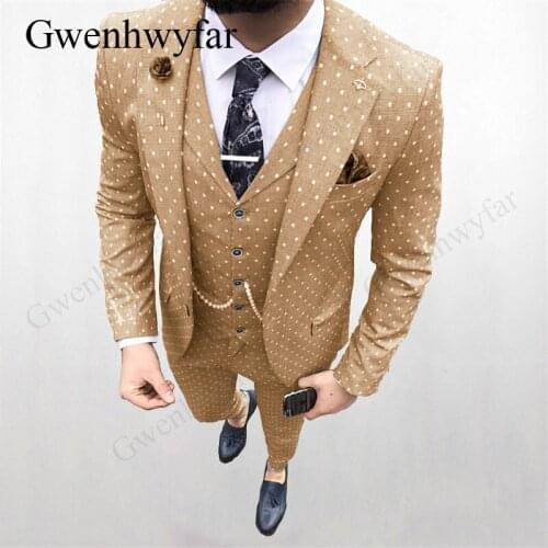 Gwenhwyfar 2020 New White Dots Khaki Men Suits 3 Pieces Groom Terno Masculino Smoking Slim Fit Men Wedding Suits Groom Tuxedos