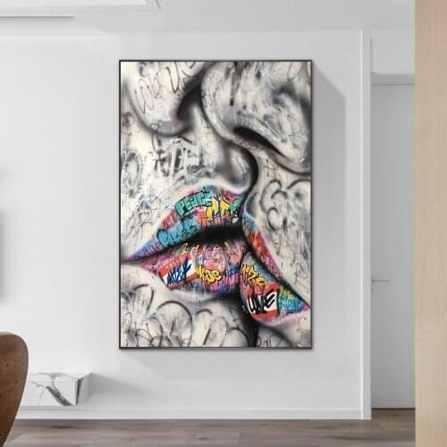 Graffiti Lover Kiss Lips Street Art Canvas Print Painting Modern Abstract Wall Picture Living Room Home Decoration Poster