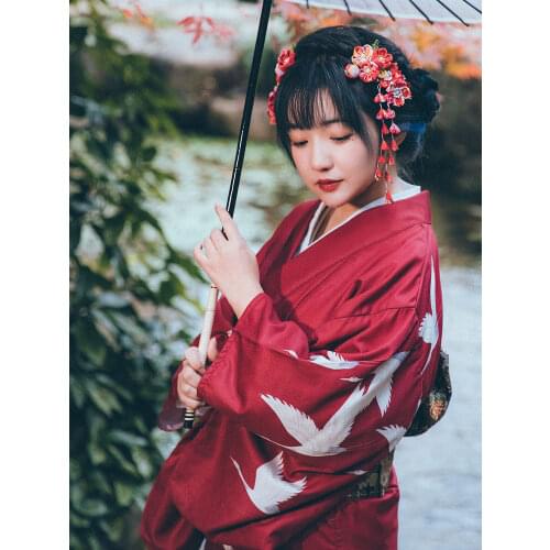 Womens Japan Style Kimono Red Color Crane Prints Traditional Summer Yukata Cosplay Wear Photography Clothing Bathrobe