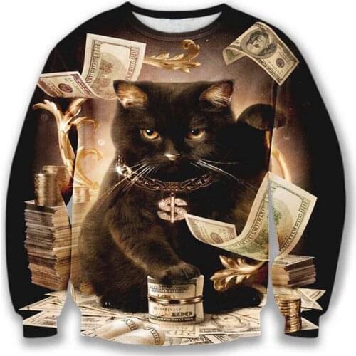 Nice model hoodies men/women 3d sweatshirt funny print big dollars cat and golden flowers hoodies autumn tops Cartoon jumper