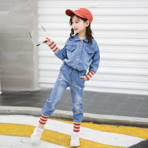 Fashion Girls Clothing Denim Set Tops+Pants Suit Kids Baby Girl Striped Style Toddler Girl Clothes Outfit For 3 4 5 6 7 8 9 12
