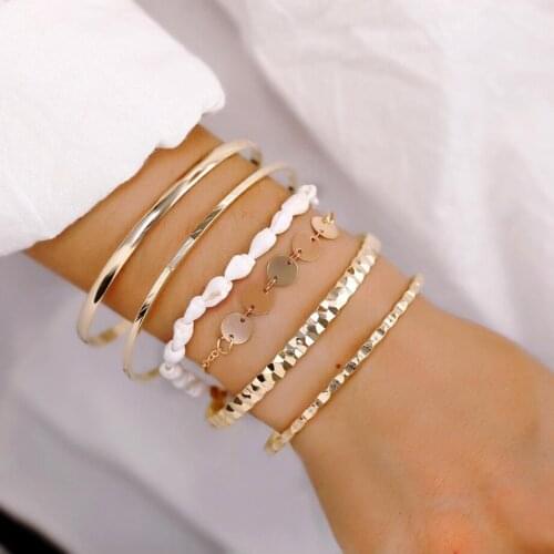 Fashion jewelry bracelet sets 6pcs/set coin charm shell bracelet metal chain and stainless bangle gold color plated