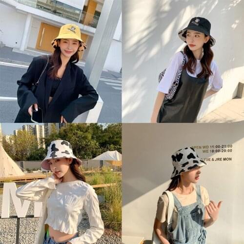 Unisex Cute Cartoon Cow Letters Embroidery Bucket Hat Reversible Double Sided Harajuku Sunscreen Panama Fisherman Cap