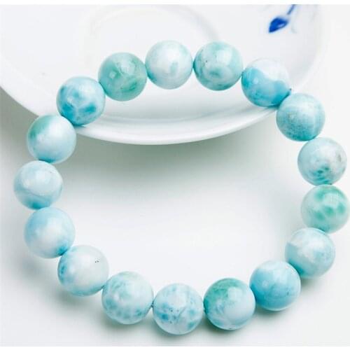 Natural Genuine Blue White Natural Larimar Bracelet Women Men Stretch Round Beads Jewelry Bracelet 12mm