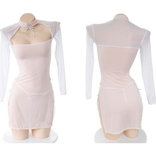 High Slit Bandage Nightdress Tight Cheongsam Nightgown Uniform Sexy Lingerie Daily Life Home Wear Sleeping Dress Women Sleepwear