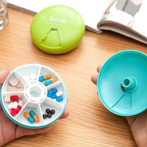 7 Grids One Week Smile New Case Pattern Portable Mini Pill Box Secret Stash Pills Drugs Container Round Pill Storage Box