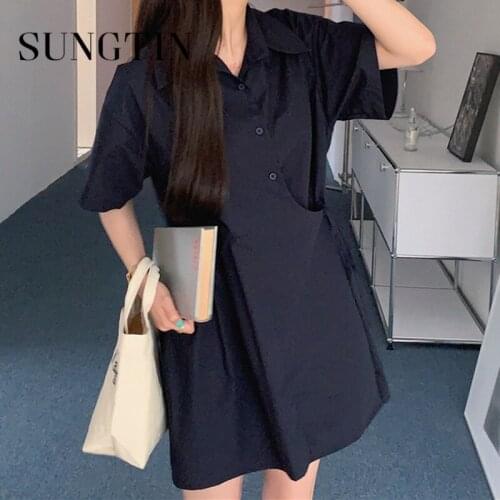 Sungtin Solid A Line Waist Lace-up Mini Shirt Dress Women Simple Single Breasted Short Dress Summer Korean Chic Vestidos Female