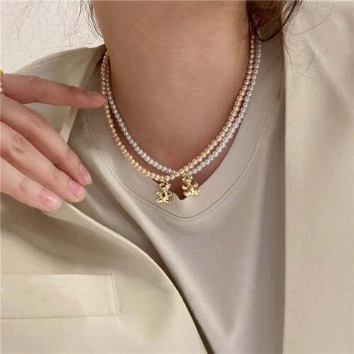 NEW Trendy Retro Geometric Bear Pearl Necklace Bracelets Colorful Temperament Pearl Beaded Bear Pendants Necklace