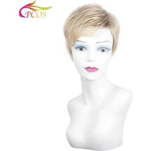 Short Blonde Synthetic Dark roots Wig with Bangs for Women Daily Hair Natural Straight Wigs