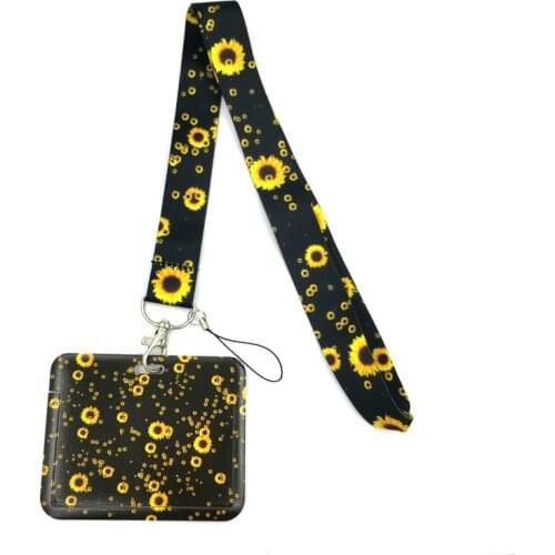 Sunflowers Flowers Black Lanyard Credit Card ID Holder Bag Student Women Travel Card Cover Badge Car Keychain Decorations