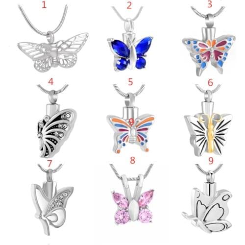IJD8144 Stainless Steel Butterfly Cremation Jewelry Necklace Urn Memorial Keepsake Pendant for Ashes with Funnel Fill Kit
