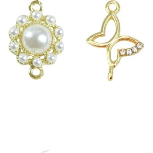 10 PCS Metal Alloy KC Gold Plated Imitation Pearl Flowers Crystal Butterfly Connector Charms For DIY Jewelry Making