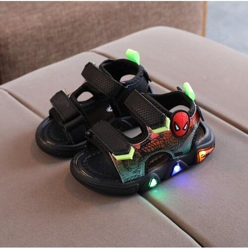 Casual Cute Cartoon Spiderman Luminous Sandals Flats Summer Childrens Beach Sandals Little Girls Kids LED Light Beach Shoes