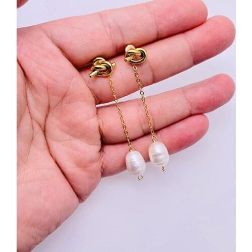 Real Pearl Long Chain Knot Drop Earrings Brass With 18k Gold Women Jewelry Party T Show Gown Punk Top Runway Rare Korean Japan