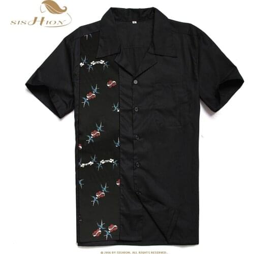 SISHION Vintage Retro Short Sleeve Men Shirts Top ST110 Love and Birds Print Plus Size Men Cotton Black Shirt hemden herren