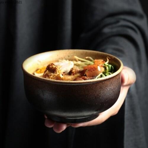 Japanese Handmade Ceramic Rice Bowl Retro 6-inches Tableware Household Round Fruit Salad Dessert Bowl Hotel Restaurant Tableware