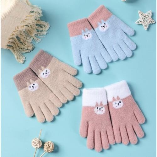 14-18 Year Old Girl Student Cartoon Rabbit Glove Women Winter Plus Plush Thick Velvet Warm Stretch Knit Full Finger Mitten I92