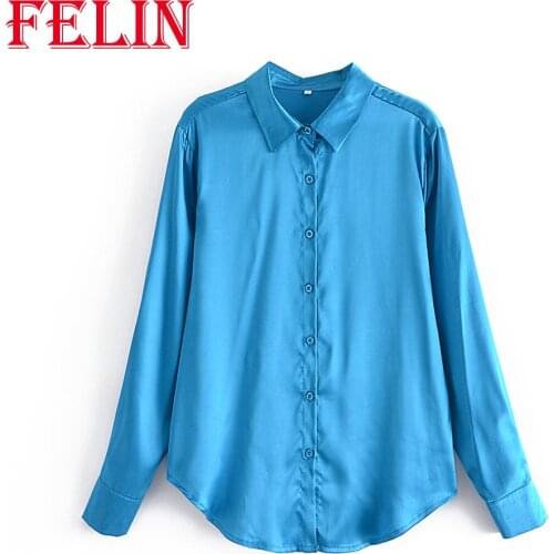 Za 2021 Chic Vintage Silk Surface Blue Women Shirts Fashion Autumn Office Lady Soft Oversized Blouses Long Sleeve Casual Tops