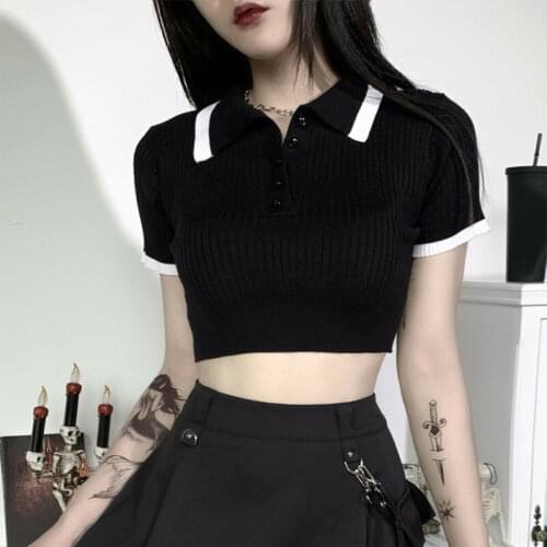 Women Short Sleeve Shirt Gothic White Brim Vintage Waffle Ribbed Crop Knit Tops