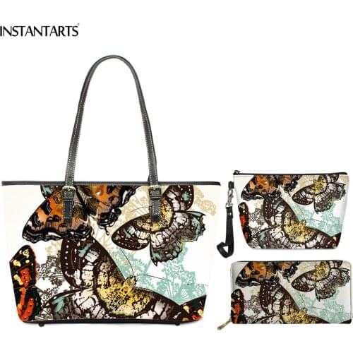 INSTANTARTS Beautiful Butterflies Design Women Top-handle Bag Large Capacity Shoulder Bag with Make Up Bags and Wallet 3pcs Set