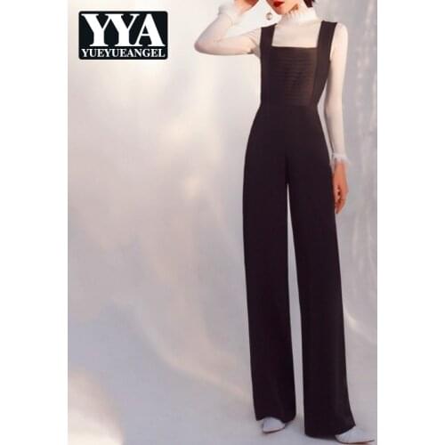 Spring Fashion New Women Slim Fit High Waist Black Sling Jumpsuit Pleated Design Office Lady Solid Wide Leg Trousers Overalls