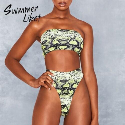 Snake print swimsuit women Vintage bikini 2020 High waist swimwear female Off-shoulder Sexy thong bathing suit beach wear new