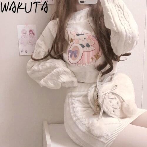 WAKUTA Sweet Knitted Cartoon Cropped Sweater and Short Skirt Womens 2 Piece Set Japanese Mori Girls Outfits 2021 Spring New Chic