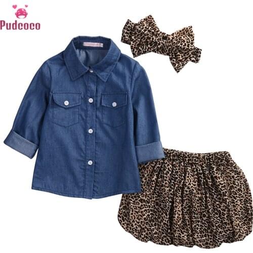 3PCS Set Cute Baby Girls Clothes 2019 Summer Toddler Kids Denim Tops+Leopard Culotte Skirt Outfits Children Girl Clothing Set