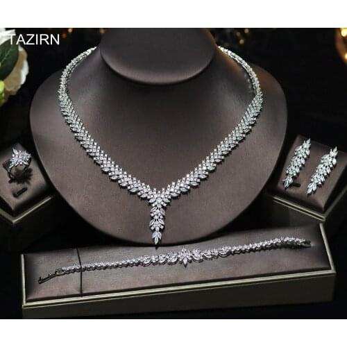 Luxury Cubic Zirconia Bridal Jewelry Sets For Women Dubai Nigeria CZ Crystal Necklace Bracelet Dangle Earrings and Ring 4pcs