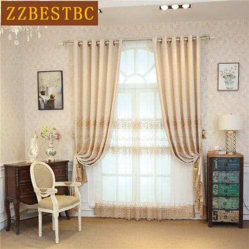 Beige luxury European blackout curtains for bedroom with high quality embroidered Voile Curtain for living room kitchen hotel