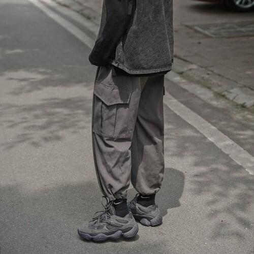Autumn Winter Men Big Pockets Cargo Pants Casual Loose Elastic Waist Ankle Banded Pants Military Male Black Gray Trousers