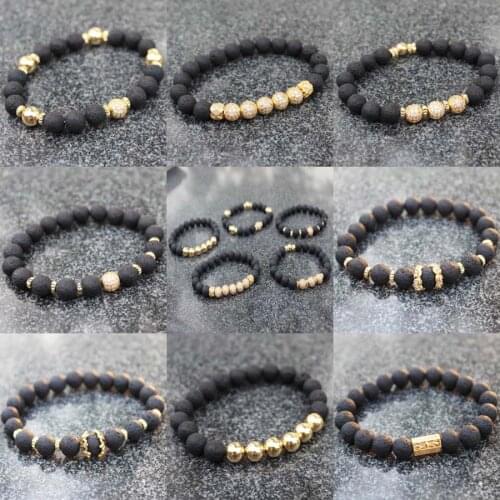 Disco Ball Beaded Bracelet 8mm Natural Stone Lava CZ Zircon Gold P Flower Beads Bangle Stretch Charm Yoga Women Men Jewelry