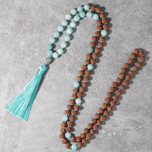 Japamala Beaded Knotted Necklace Rudraksha108 Mala Rosary Blessing Yoga Meditation Jewelry Buddha Head Tassel Pendant
