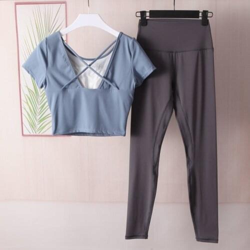Yoga Set Women Short Sleeve Crop Top Shirt Loose Vest Seamless Pants Quick Dry Fitness Outfits Gym Sports Clothes Summer 2 Pcs