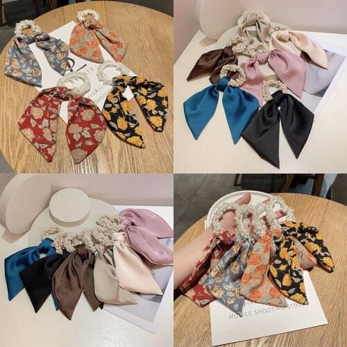 Fashion French Pearl Bow Head Rope Ribbon Ponytail Hair Circle Silk Scarf Hair Band Womens New Hair Accessories Hair Ties