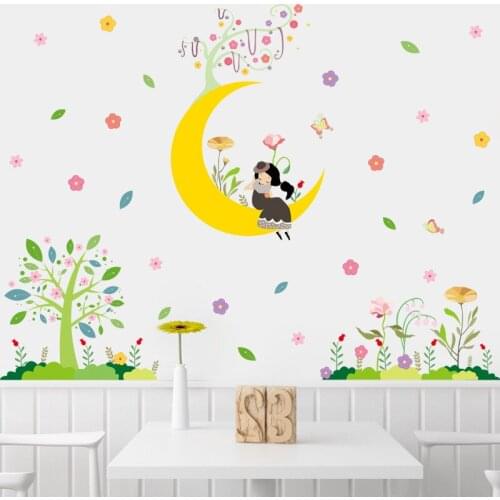 Cartoon Moon Girl Wall Sticker for Kids Bedroom Corridor Kindergarten Home Wall Decoratiion Waterproof Removable Wall Stickers