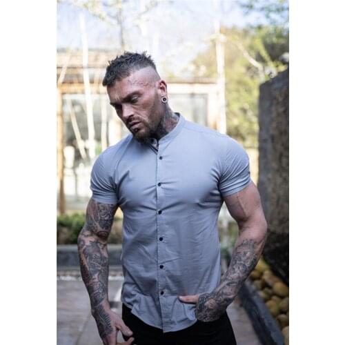 New Brand 2020 Mens Shirts Workout Tops Solid Color Short Sleeve Fashion Casual Slim Button Short Sleeve Mens Clothing