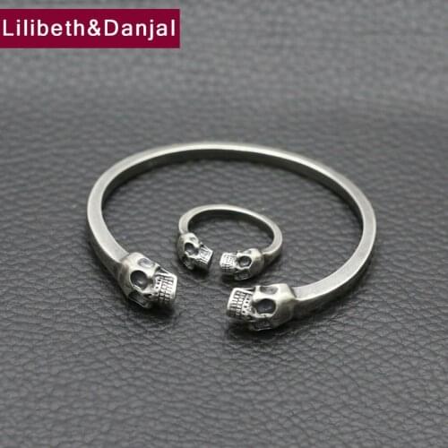 Set 100% Real 925 Sterling Silver Punk Rock Skull African Indian Women Men Jewelry Set Of Ring and Bracelet Bangle 2021 New G1