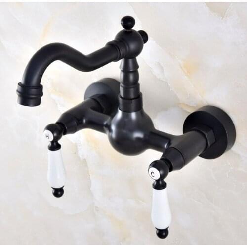 Black Oil Rubbed Bronze Wall Mounted Bathroom Kitchen Sink Faucet Swivel Spout Mixer Tap Dual Ceramics Handles Levers anf858