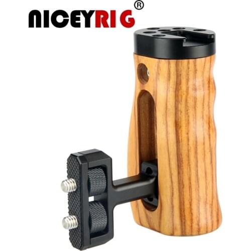 NICEYRIG Camera Hand Wood Grip DSLR Wooden Side Handle Cold Shoe Cheese Top 1/4" Screw Holes for Sony Canon Nikon Camera Cage