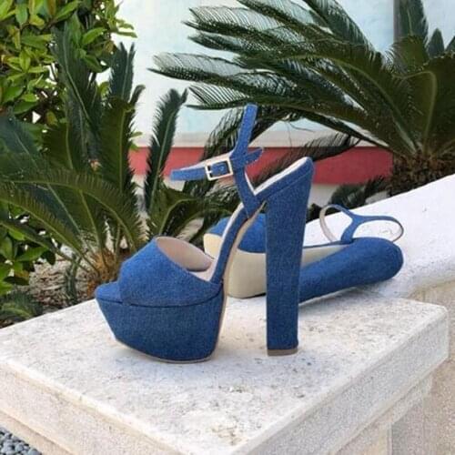 Newest Blue Jeans Chunky Heels Sandals Ankle Strap Open Toe Sqaure Heels Dress Shoes High Platform Denim Sandals Plus Size 10