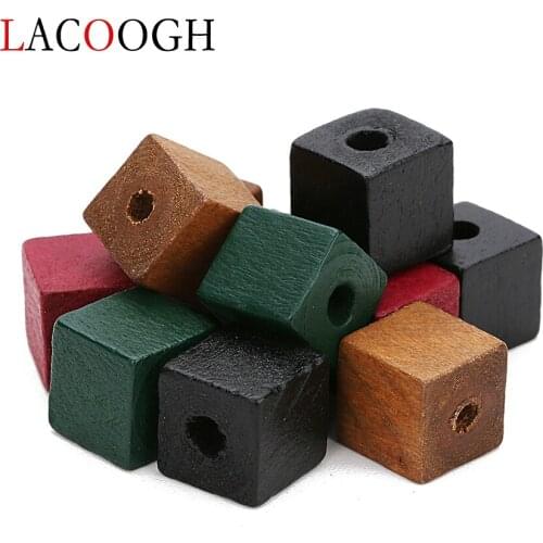 New 50pcs 12mm 14mm Red Green Black Color Natural Wood Beads Square Shape Spacer Wood Beads for DIY Craft Jewelry Findings