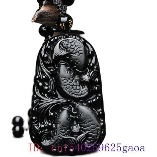 Obsidian Carp Pendant Accessories Jade Carved Black Jewelry Natural Necklace Amulet Women Fashion Fish Men