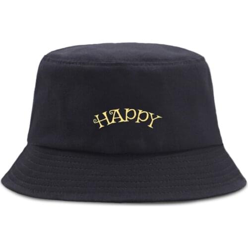 Funny Yellow Word Happy Bucket Hats Hip Hop Funny Japan Anime Fishermans Hat Foldable Unisex Caps Sunscreen Outdoor Panama Cap