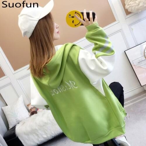 Suofun Casual Sweet Loose Cardigan Hood Zipper Pink Students Coat For Autumn And Winter 2021 New Fashion Womens Jacket