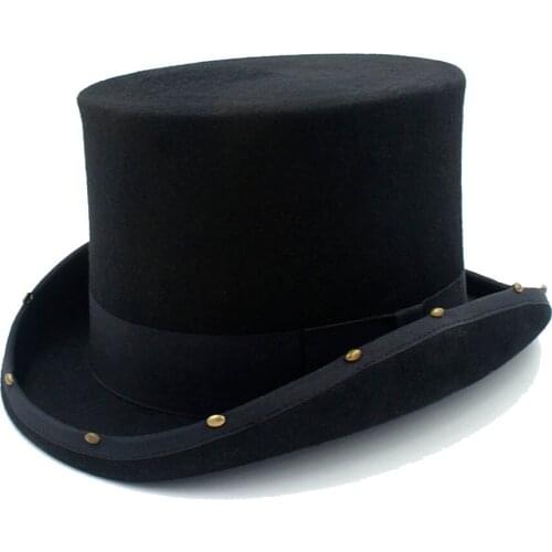 13.5CM Top Hat Steampunk Hat handmade rivet Vintage women men Traditional Wool Fedoras Hat